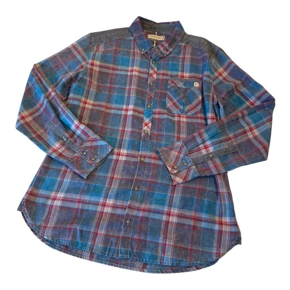 Buckle Depart West Plaid Lightweight Cotton Button Down Shirt Large Blue Grey